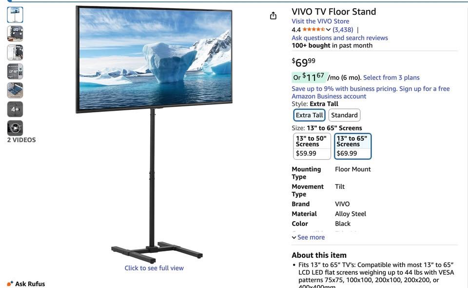 VIVO Extra Tall TV Floor Stand for 13 to 65 inch Screens up to 44 lbs