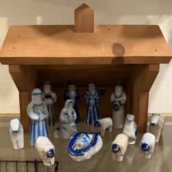 Eldreth Pottery Salt-Glazed Nativity Set – 16 Pieces with Wooden Barn – Rare Pennsylvania Folk Art Christmas Christian Jesus Mary
