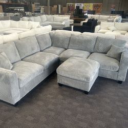 Gray Corduroy Comfy Sectional And Ottoman