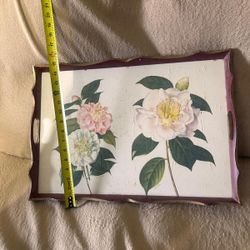 BANDEJA ANTIGUA DE MADERA PINTADA DE FLORES 