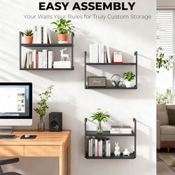 SET OF 3 Wall Mounted Bookshelves  Shelves for Wall, 6-Tier Black Wooden NEW IN BOX