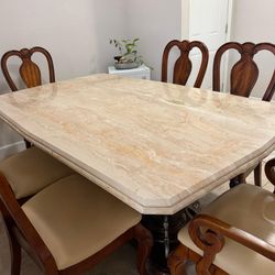 DINING TABLE WITH CHAIRS / STONE TOP/ HEAVY/ WOOD LEGS/ DELIVERY NEGOTIABLE