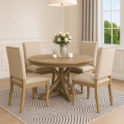 Set Of 4 Beige Linen  Modern Upholstered Dining Side Chairs (Wood Frame)[NEW] **Assembly Req** 