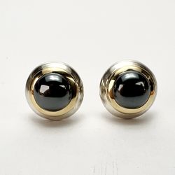 Tiffany & Co. 925 Silver & 18k Gold Hematite Round Dome Omega Back Earrings