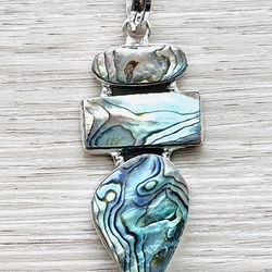 Triple Large Abalone Shell Sterling Silver 2.5” Necklace Pendant