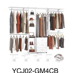 96in Closet System With Drawers, Clothes Hanging Rack With Rods & Shelves