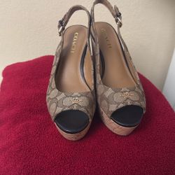 Coach Ferry Wedge Signature Jacquard Monogram Sandals Women Size 8