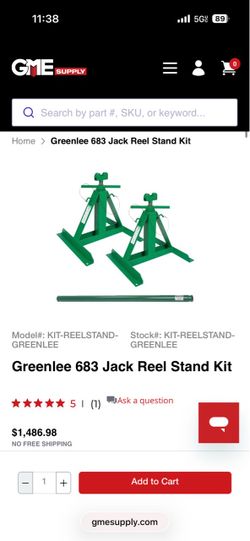 Durable steel Greenlee 687 screw-type reel stands. These green industrial tools are made of heavy-duty steel and include two adjustable stands with in