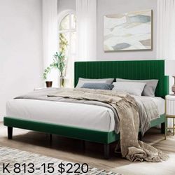 SHA CERLIN Green King Size Upholstered Platform Bed Frame with Adjustable Channel Velvet Headboard(813-15)