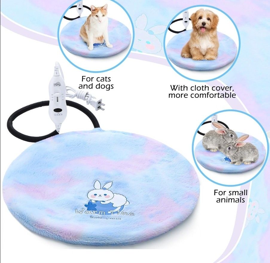 Round 40cm, Pet Heating Pad Cat Bed Warming Pad 3 Level Temperature Adjustable Soft Waterproof Layer Non Slip Bottom Chew Proof for Puppies Cat