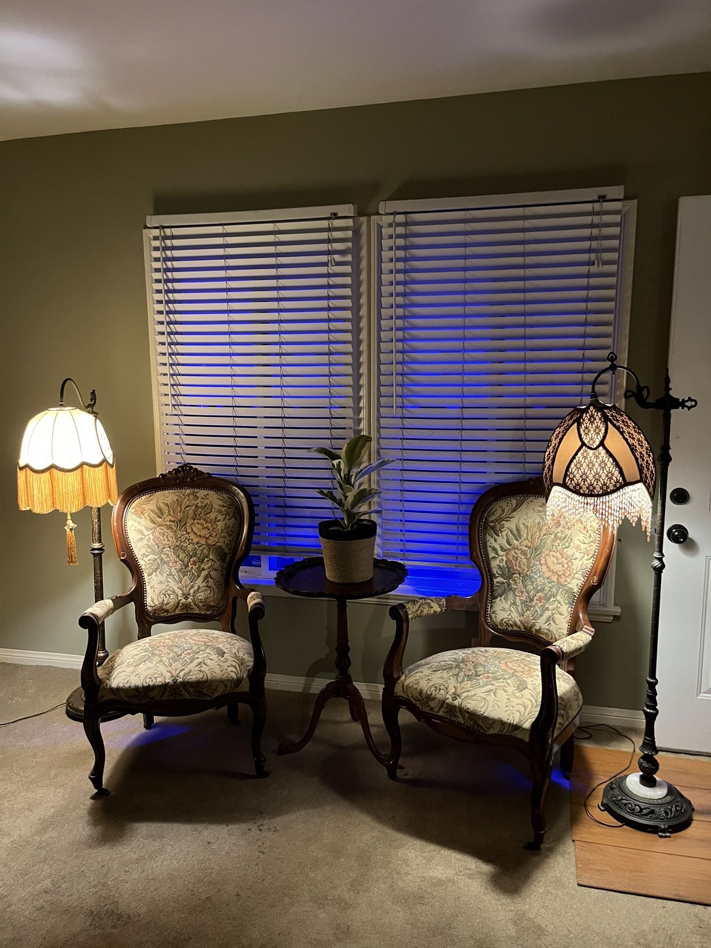 2- Antique High Back Arm Chairs, 2 Antique Floor Lamps, 1- Round Wood Table