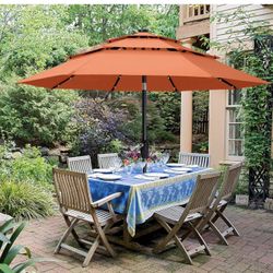 3 Tiers 9FT Solar Patio Umbrella, Outdoor Umbrella with 32 LED Lights for for Deck, Pool, Garden, Backyard (Orange