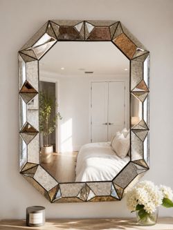 Large Octagonal Faceted Antiqued Wall Mirror