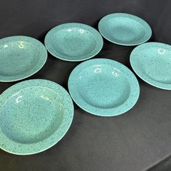 (6) Stoneware Japan Speckled Granite Turquoise Blue/Green Rimmed Soup Plates