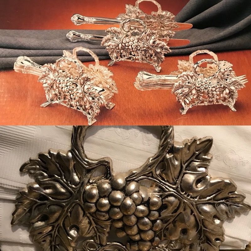 Silver plated grape design buffet caddy set of 3 with matching napkin holder