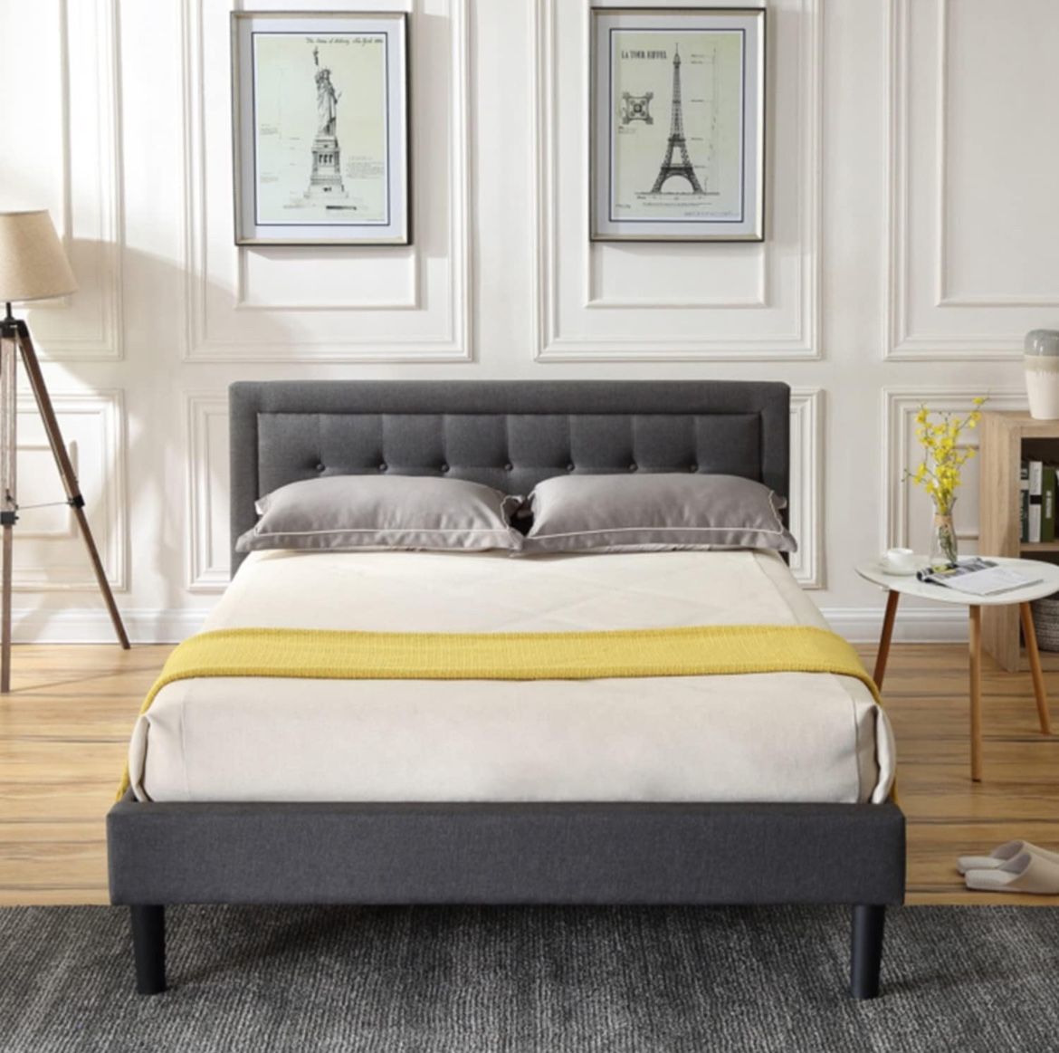 Classic Brands Mornington Upholstered Platform Bed | Headboard and Metal Frame with Wood Slat Support, King, Linen Dark gray