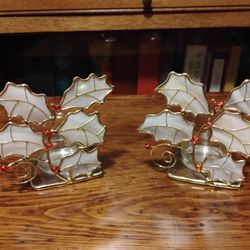 Pair of Holly Leaf Stained Glass Style Votive Candle Holders