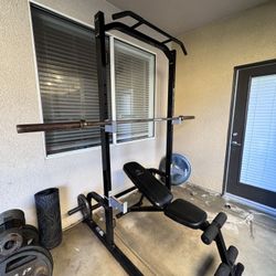 Squat Rack w/Pull-up Bar, Barbell, Plates, Adjustable Bench, & Plate Rack