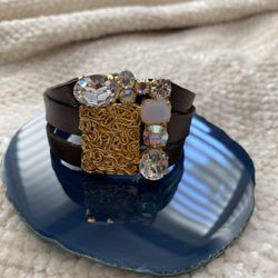 Leather And Crystal Bracelet With Gold Designs