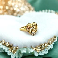 14kt 4.40g Two Tone Gold Heart/Small Rose Sweet 15 with Small Clear Stones Ring