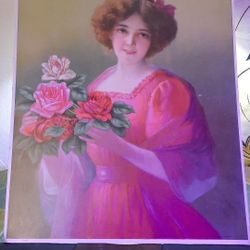 Gorgeous Victorian Lithograph Print No Frame Matted  Woman With Roses
