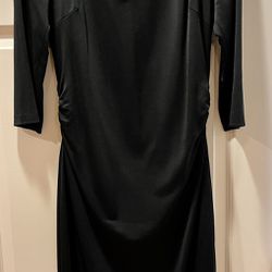 Vintage David Meister LBD Women Black Stretch V-Neck Ruched Cocktail Dress, 12