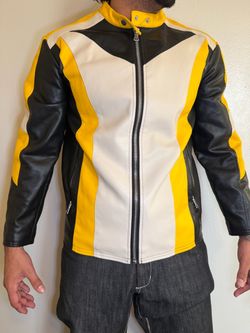 Black Yellow White Leather Moto Jacket