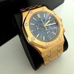 Men Luxury Watch Gold And Dark Navy Blue Indented Chronographs Panda 