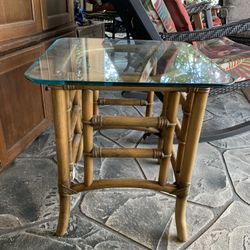 Vintage Rattan Glass Top Side Table 