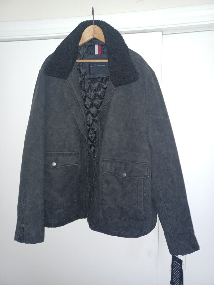 NEW! Tommy Hilfiger Faux Leather Sherpa Smoky Grey Collar Moto Jacket Size XXL