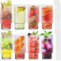 Ribbed Glass Cups With Straws 12oz Sets Of 8