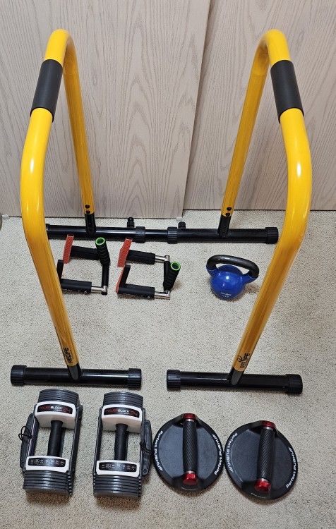 Home Workout Set (Dip Bars, Compact Pull Up Bars, Push Up Bars, Adjustable Dumbbells, Kettlebell)