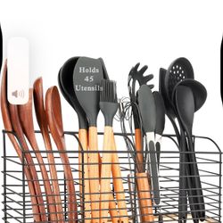 Extra Large Utensil Holder for Kitchen Counter - 15.7"x 6.7"x 4.4", Aesthetic Design, Anti-Slip Mat, 4 Compartments, Black Cooking Utensil Organizer f