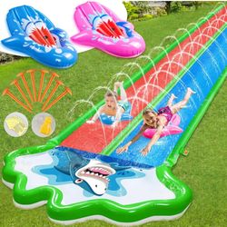 Toboganes acuáticos para césped deslizantes – Toboganes inflables resistentes con 2 bodyboards, juguete de agua de verano extra largo de doble carril,