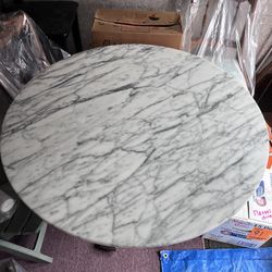 Vintage Solid Marble Dining Table w/ Hand-Carved Wood Pedestal Base – 42” Round
