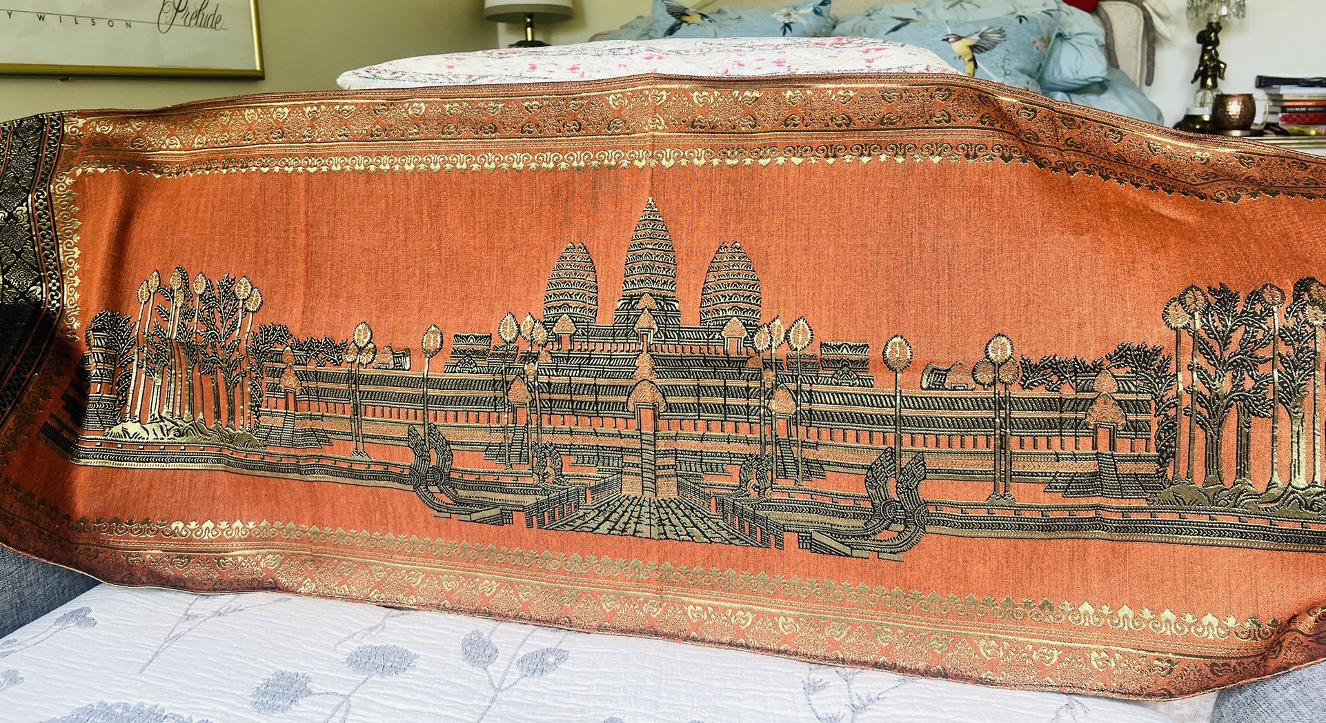 Indian Embroidered gold brocade boho table runner.