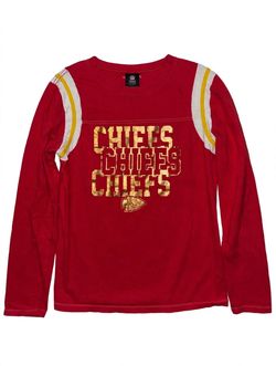 NFL Chiefs Shirt Womens Large Red Gold Foil CHIEFS KC Long Sleeve Stripes