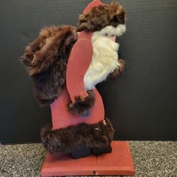 Vintage Handmade Wooden Santa Hand Painted Fur Fabric 16" Tall