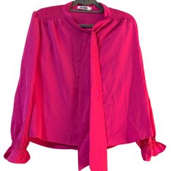 Women’s Fuchsia Blouse – Long Sleeve with Tie Neck & Smocked Shoulders 