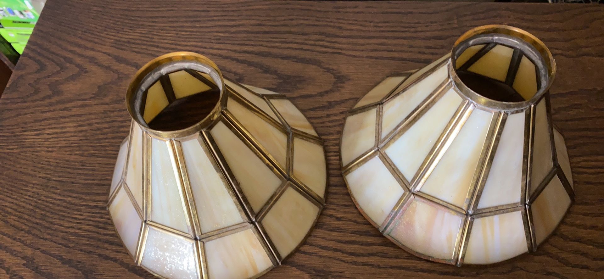 2 yellow beige slag glass bell shaped l a m p shades stained glass