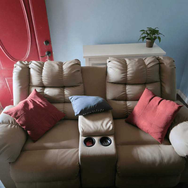 Ashley Beige Faux Leather Reclining Loveseat – Good Condition w/ Console - Winnfield, LA