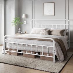King Size Classic Metal Platform Bed Frame Mattress Foundation with Victorian Style Iron-Art Headboard/Footboard/Under Bed Storage/No Box Spring Neede