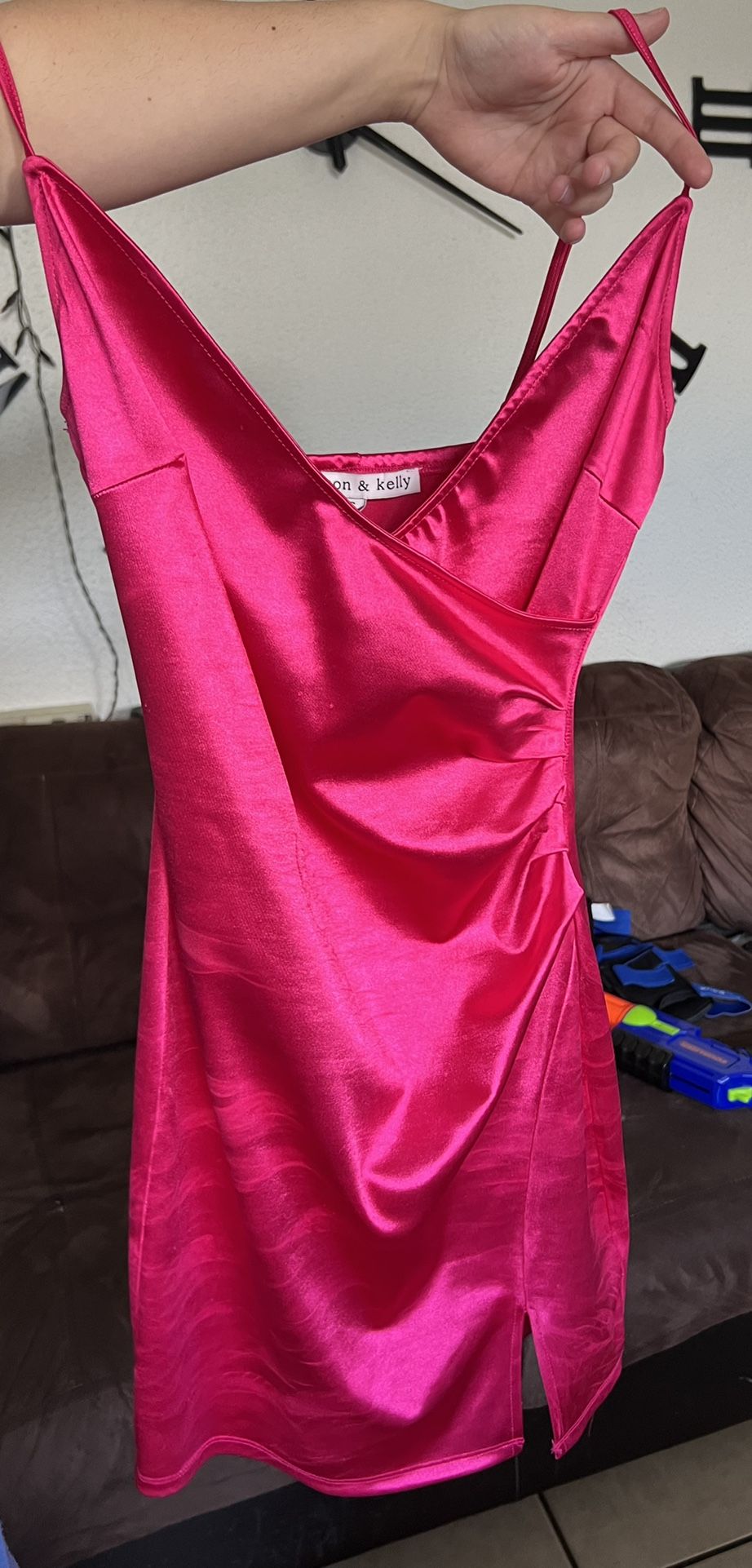 Size 3/4 Hot Pink Ruched dress with thigh split