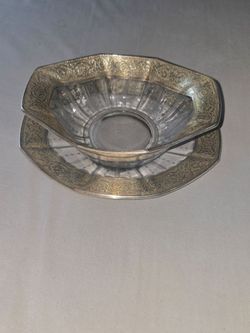 Vintage Sterling Silver Rim Overlay Glass Candy Bowl & Underplate Dish Set 925