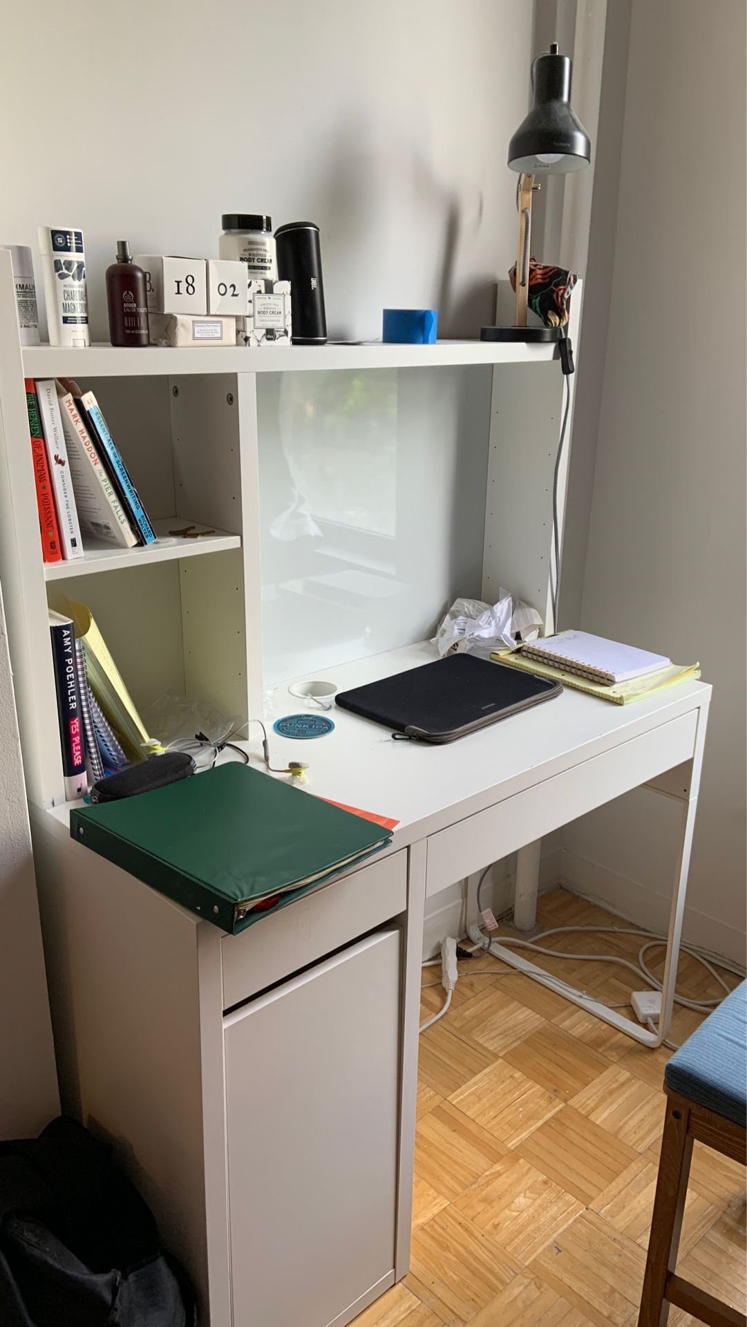 Desk base with shelf attachment