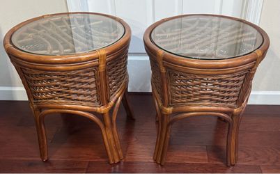 Vintage Rattan & Woven Wicker Accent End Tables (Leader’s Casual Furniture) $45 each or $75 Both