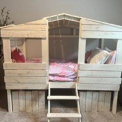 LIKE NEW- Treehouse Loft Bed + Dresser/Mirror/Mattress– Matching Set