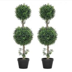 35.4 in. Set of 2 Decorative Artificial Plants, Topiary Ball-shaped Boxwood Trees in Pot, Fake Plants