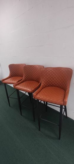 Set of 3 Tan Quilted Faux Leather Bar Stools