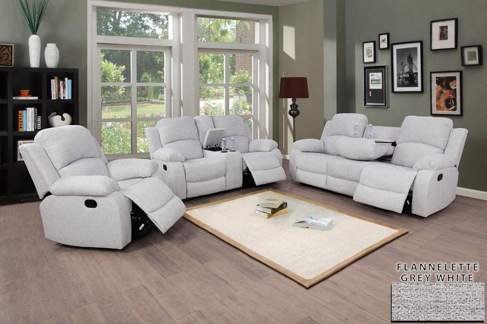 Brand New Gray Linen Fabric 3pc Reclining Set With Storage Compartments A Drop Down Table & Built In Cup Holders 